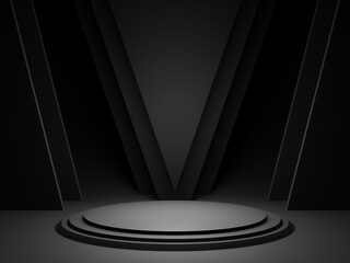 3D black geometric product podium. Dark background.