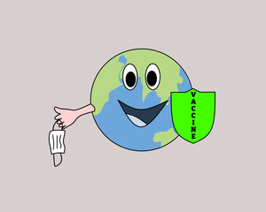 smiling earth with vaccine shield and taking off medical mask