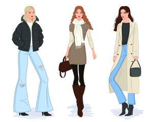 Female clothes collection. Fashion models in stylish coats and jackets. Vector illustration of beautiful young women, isolated on white background.