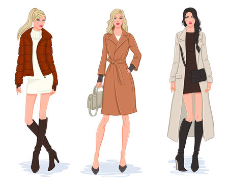 Female clothes collection. Fashion models in stylish coats and jackets. Vector illustration of beautiful young women, isolated on white background.
