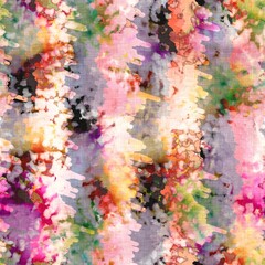 Messy summer tie dye batik beach wear pattern. Seamless colorful stain space dyed effect fashion. Washed out soft furnishing background. 