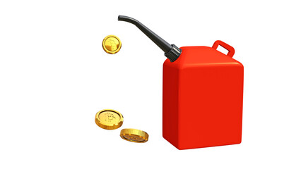 3D Red fuel can and gold coin isolated on white and copy space