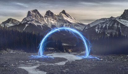 Magical portal in front of the mountain landscape
