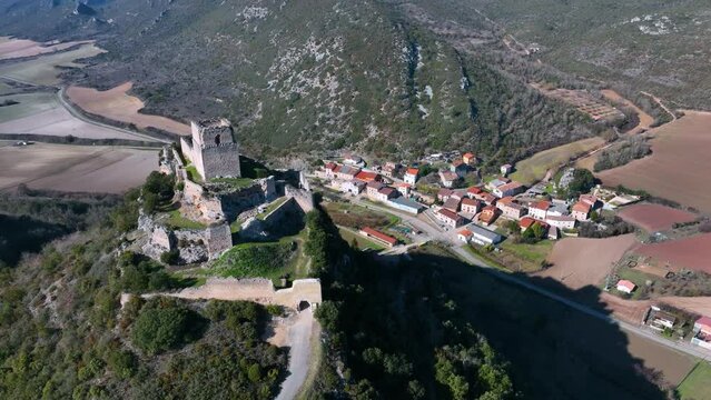 Aerial image of the Castillo de Lanos or Ocio in the Inglares River Valley. Leisure Village, Zambrana Municipality, Alava, Basque Country, Spain, Europe