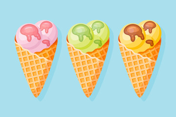 Set of Ice creams in waffle cones isolated on blue background. Flat style vector illustration.