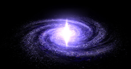 Illustration of a blue-purple four-armed galaxy with a bright core releasing beams of light in space for background
