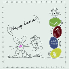 Lovely hand drawn Easter design, cute bunnies and colorful eggs, beautiful flowers, fun template for greeting cards, invitations, banners, wallpapers - vector design 