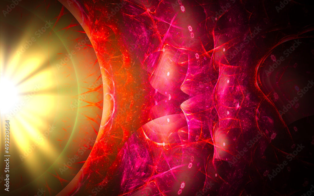 Poster abstract computer illustrations of fantastic energy waves of various shapes and shades on a black ba