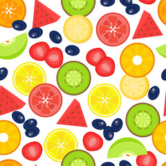 Tropical fruits and berries. Top view. Seamless background. Texture, wallpaper.