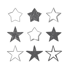 Hand drawn star icons. Set of doodle stars.