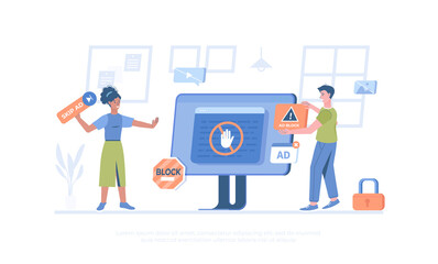 Ad Blocking. No advertising, anti spam protection, without ads concept. Website Adblock software, skip button. Cartoon modern flat vector illustration for banner, website design, landing page.