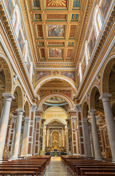 ROME, ITALY - AUGUST 31, 2021: The nave of church Chiesa del Sacro Cuore di Gesu.