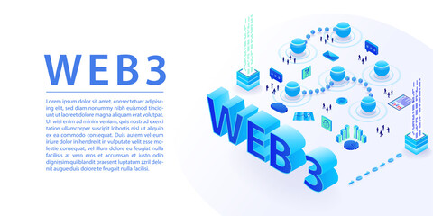 Web 3.0 isometric vector infographic. Wide banner illustration in blue and white.