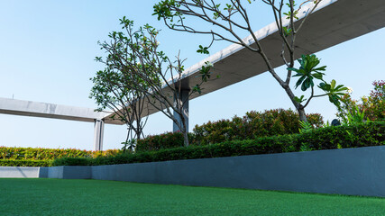 Sky garden on private rooftop of condominium or hotel rooftop, high architecture building with tree...