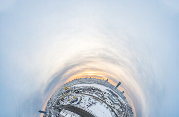 Aerial Winter Yekaterinburg and Temple on Blood in beautiful cloudy sunse. Copter shot. Little planet sphere mode.