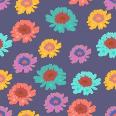 Fototapeta na wymiar Vibrant floral seamless vector repeat pattern in bright multicolor on a purple background