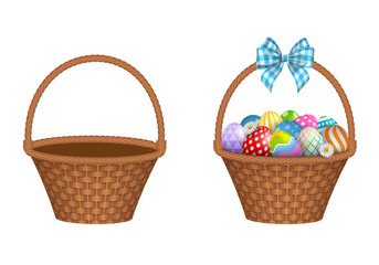Fototapeta na wymiar Isolated empty wicker basket and basket with colorful easter eggs