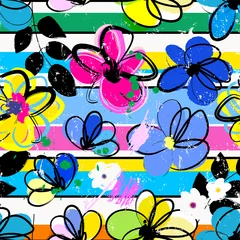 Foto op Plexiglas floral seamless pattern background, with horizontal stripes, leaves, strokes and splashes, colorful © Kirsten Hinte