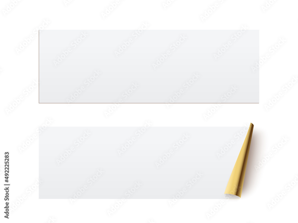 Poster white glued rectangle stickers with gold curling edge. 3d blank paper label vector illustration. bad