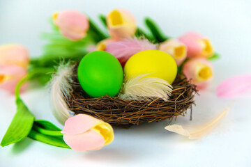 Beautiful Easter decor on a white background. Selective focus.