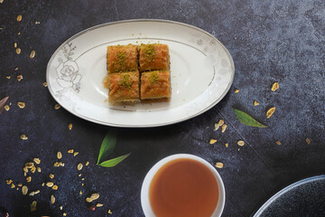 Traditional Turkish baklava with pistachio (Turkish name; baklava with pistachio)