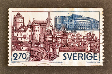  Cancelled postage stamp printed by Sweden, that shows Helgeandsholmen, circa 1983.