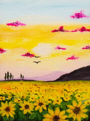 Ukrainian peaceful landscape. field of ripe yellow sunflowers and mountains against the backdrop of sunset. drawing made with acrylic paints