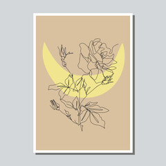 One single line drawing rose flower on earthy color background card template