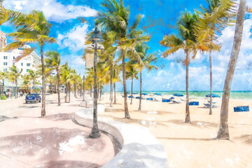Watercolor painting illustration of Seafront beach promenade with palm trees in Fort Lauderdale - obrazy, fototapety, plakaty
