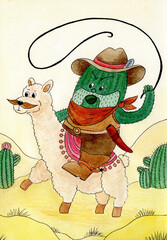 Lama cute cartoon alpaca, cactus and mountains, funny llama Scandinavian kids creative illustration
