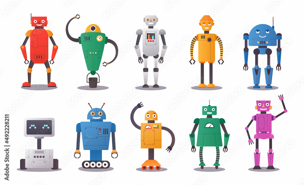 Poster Robot characters. Human chatbot with artificial intelligence with funny faces. Android gestures. Automation toys. Isolated futuristic cyborgs. AI assistants. Vector tech support mascots set