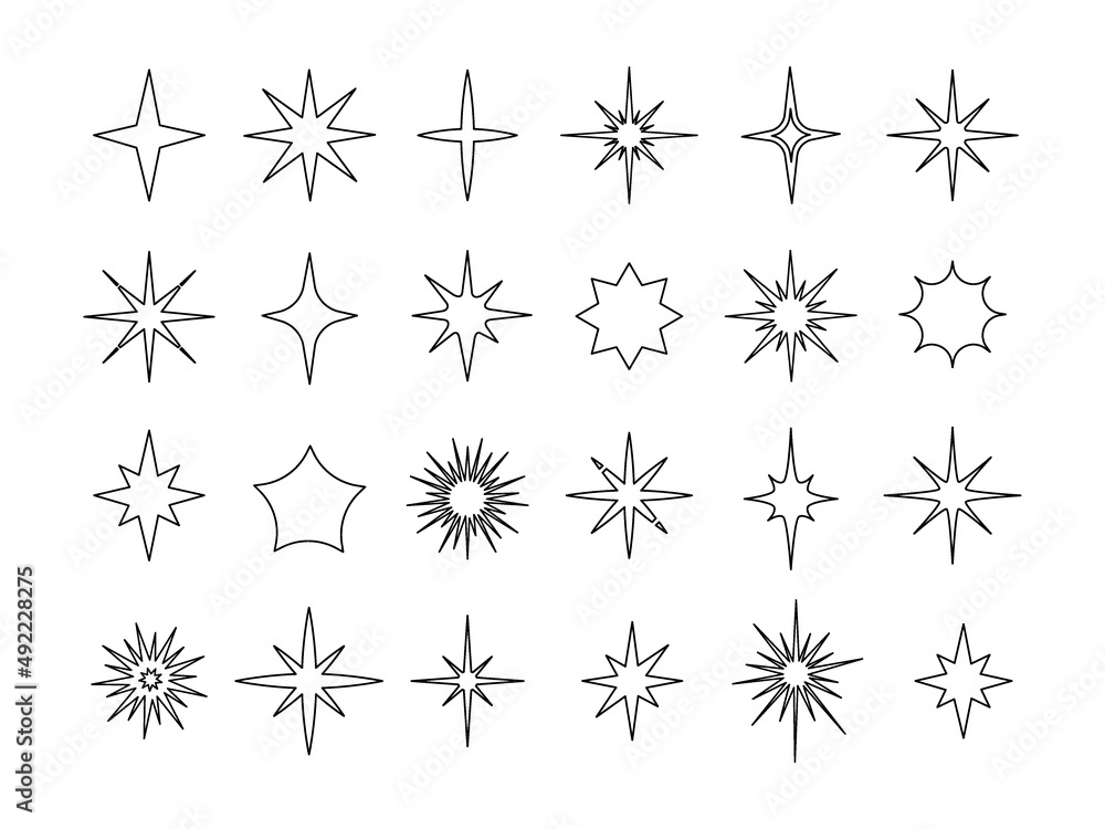 Poster line star icons. simple outline sparkling and glowing starry shapes. doodle twinkling design. contou