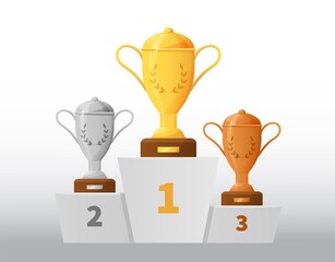 Cartoon winner podium. Game award with 1st 2nd 3rd places. Championship pedestal. Competition or tournament rewards. Gold, silver and bronze goblets. Victory trophies. Vector illustration