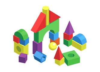 Toy castle. Cartoon colorful geometric shapes constructor for children's play. Kindergarten games. Arch from plastic bricks and blocks. Cubes, cones and spheres. Vector illustration