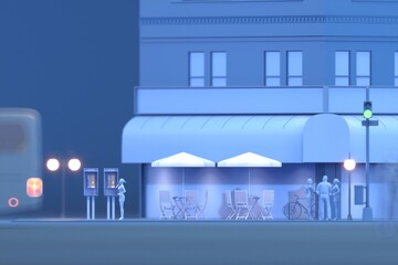 Naklejka premium Houses and stores, downtown with skyscrapers. Isometric cartoon cityscape.Vibrant urban wallpaper. Town, street lamps, bus and roads on blue background. Isolated city block at winter night. 3d render