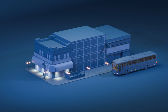 Houses and stores, downtown with skyscrapers. Isometric cartoon cityscape.Vibrant urban wallpaper. Town, street lamps, bus and roads on blue background. Isolated city block at winter night. 3d render