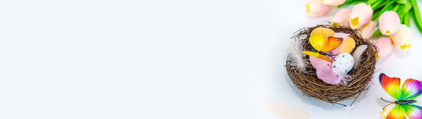 Beautiful Easter decor on a white background. Selective focus.