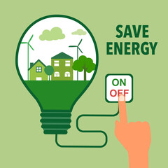 Save energy concept vector illustration on green background. Eco city inside lightbulb with hand turning off switch for energy saving in flat design. - obrazy, fototapety, plakaty