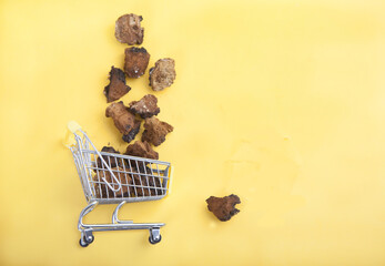Pieces of chaga mushroom in a grocery cart on a yellow background. Healthy vegetarian food. Copy spaes.
