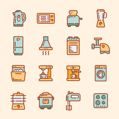 Set of kitchen or cooking appliances color outline icons. Vector illustration.