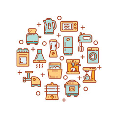 Round design with kitchen or cooking appliances elements isolated on white background. Vector illustration.