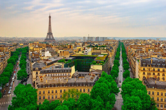 Beautiful panoramic view of Paris from the roof of the Pantheon. View of the Eiffel Tower and flag of France