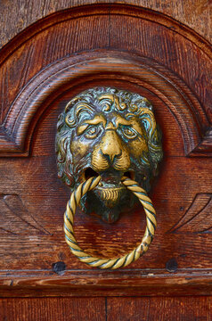 Old Venetian metal Veneto lion head door knocker on the wooden door of old Venice palace