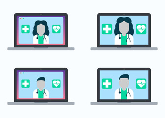 Online doctor meeting concept. Healthcare consulting on laptop display. Online medical consultation call. Flat vector illustration.