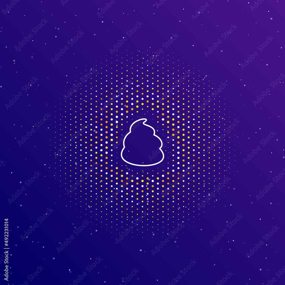 Poster a large white contour poop symbol in the center, surrounded by small dots. dots of different colors 