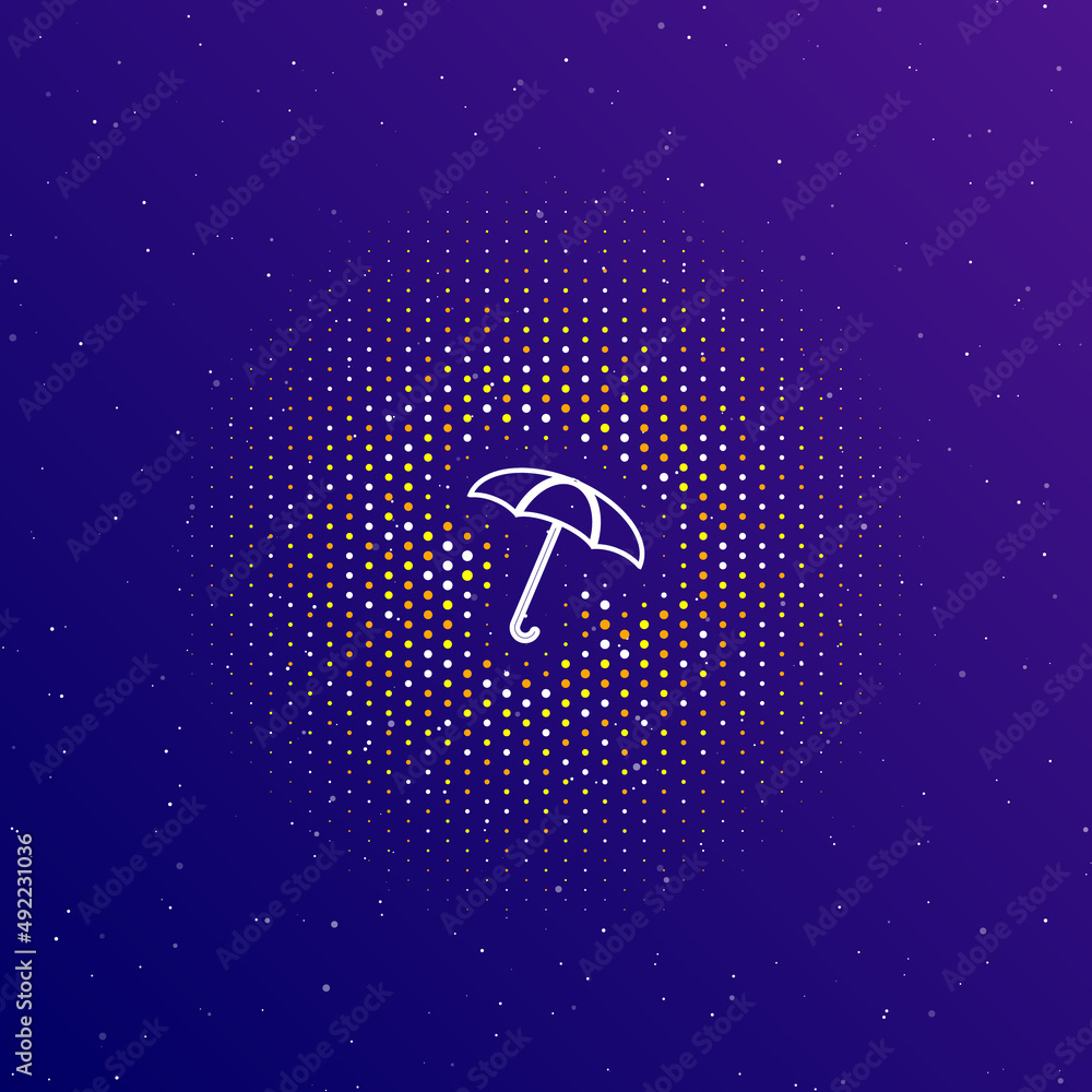 Poster a large white contour umbrella symbol in the center, surrounded by small dots. dots of different col