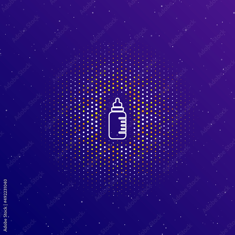 Poster a large white contour feeding bottle symbol in the center, surrounded by small dots. dots of differe