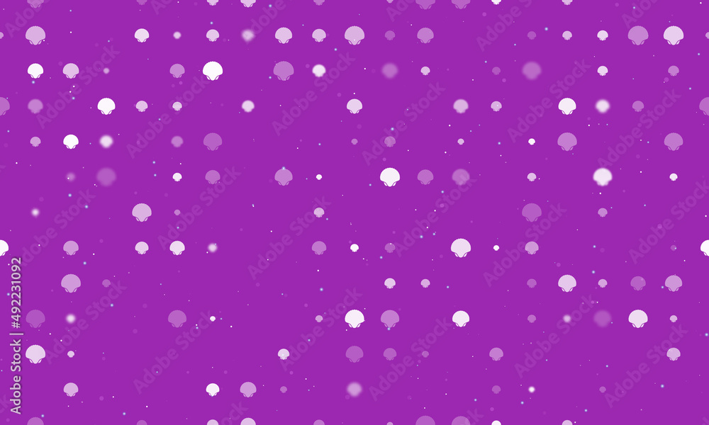 Poster seamless background pattern of evenly spaced white sea shell symbols of different sizes and opacity.