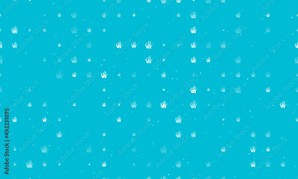 Poster seamless background pattern of evenly spaced white seaweed symbols of different sizes and opacity. v
