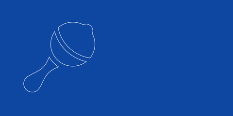 A large white outline baby rattle symbol on the left. Designed as thin white lines. Vector illustration on blue background